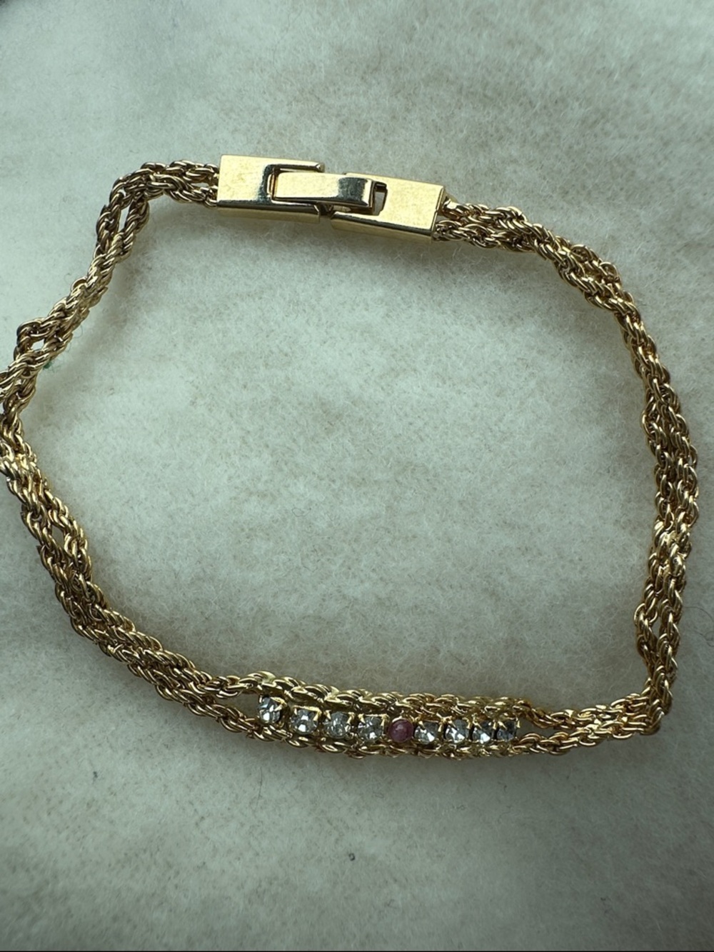 Gold-Tone Multi-Strand Bracelet with Accent Rhinestones in Clear and Rosy Pink